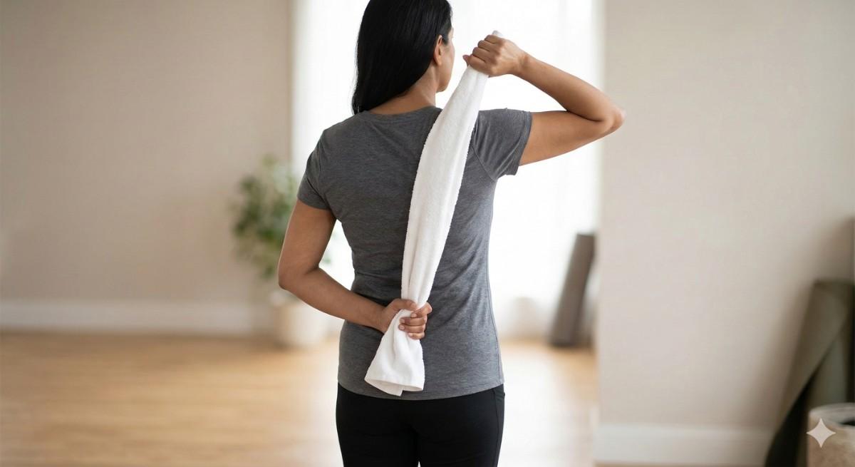 રૂમાલ વડે ખભો ખેંચવો (Towel Stretch)