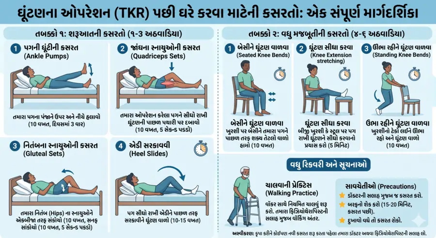 ઘૂંટણના ઓપરેશન (TKR) પછી ઘરે કરવા માટેની કસરતો