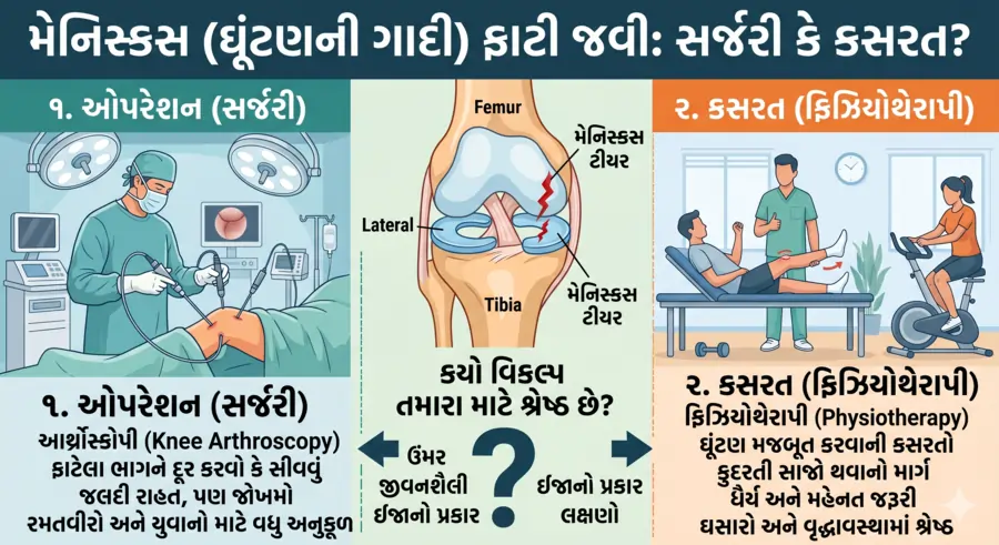 મેનિસ્કસ (ઘૂંટણની ગાદી) ફાટી જવી ઓપરેશન કરાવવું કે કસરતથી મટાડવું