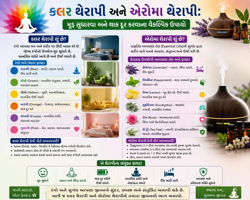 કલર થેરાપી અને એરોમા થેરાપી મૂડ સુધારવા અને થાક દૂર કરવાના વૈકલ્પિક ઉપાયો
