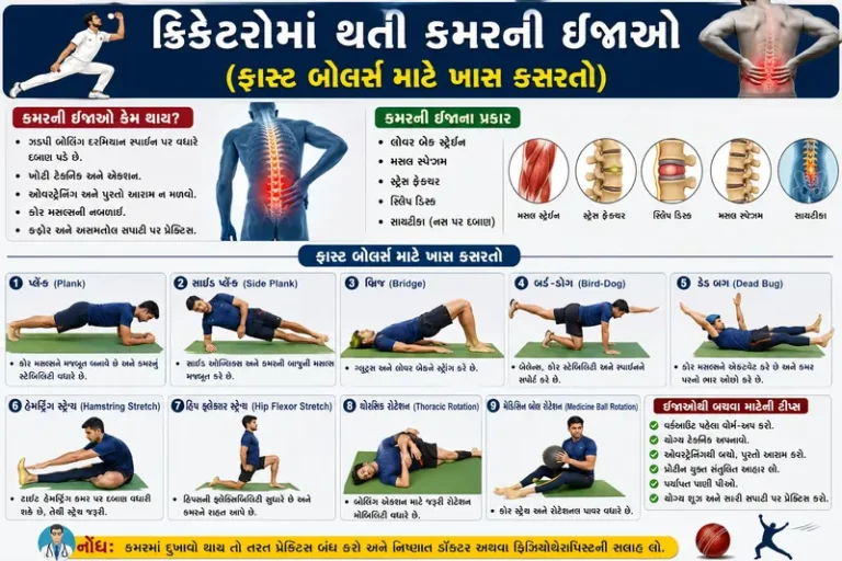 ક્રિકેટરોમાં થતી કમરની ઈજાઓ (ફાસ્ટ બોલર્સ માટે ખાસ કસરતો