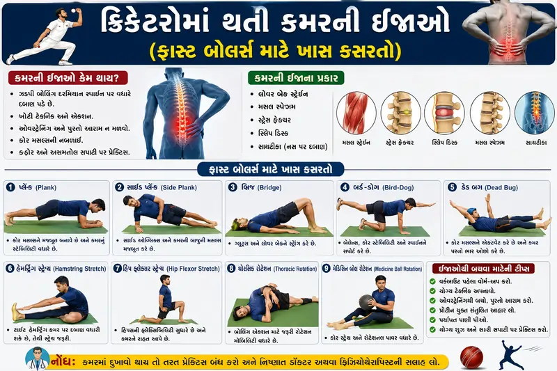 ક્રિકેટરોમાં થતી કમરની ઈજાઓ (ફાસ્ટ બોલર્સ માટે ખાસ કસરતો