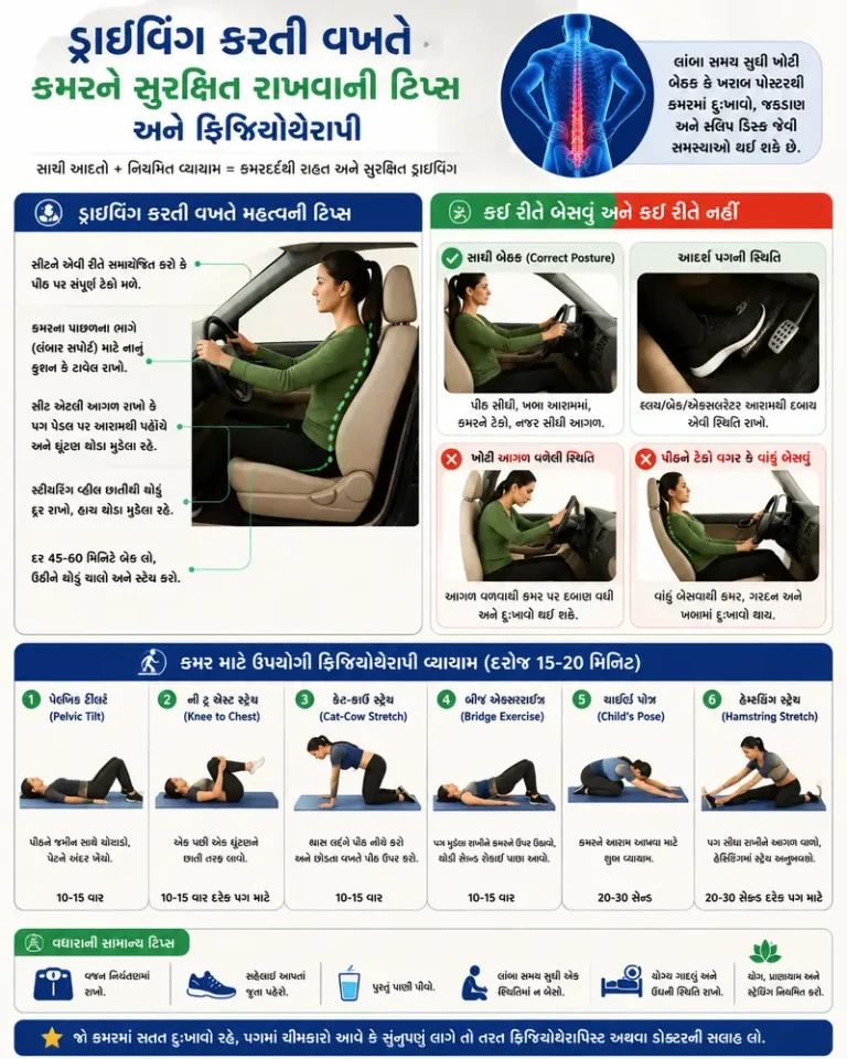 ડ્રાઇવિંગ કરતી વખતે કમરને સુરક્ષિત રાખવાની ટિપ્સ અને ફિઝિયોથેરાપી