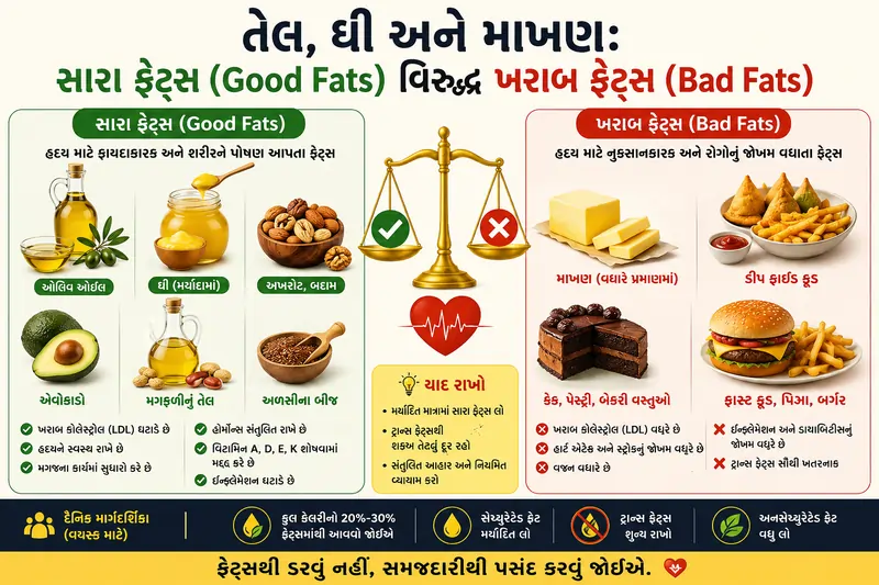 તેલ, ઘી અને માખણ સારા ફેટ્સ (Good Fats) વિરુદ્ધ ખરાબ ફેટ્સ (Bad Fats)