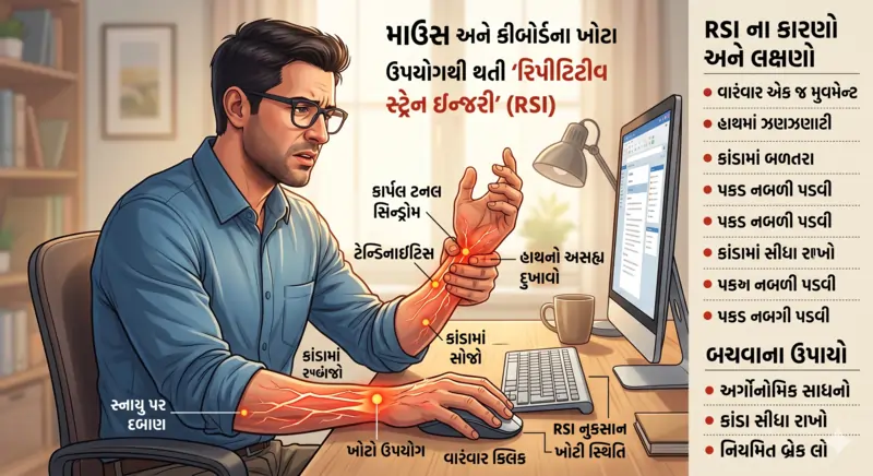 માઉસ અને કીબોર્ડના ખોટા ઉપયોગથી થતી 'રિપીટિટીવ સ્ટ્રેન ઇન્જરી' (RSI)