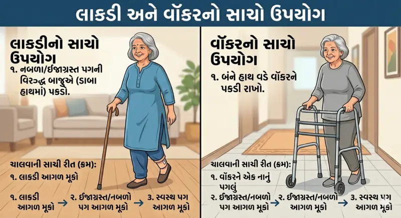 લાકડી કે વૉકરનો ઉપયોગ કઈ બાજુ પકડવી અને ચાલવાની સાચી રીત