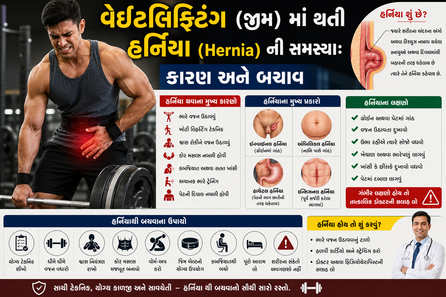 વેઇટલિફ્ટિંગ (જીમ) માં થતી હર્નિયા (Hernia) ની સમસ્યા કારણ અને બચાવ