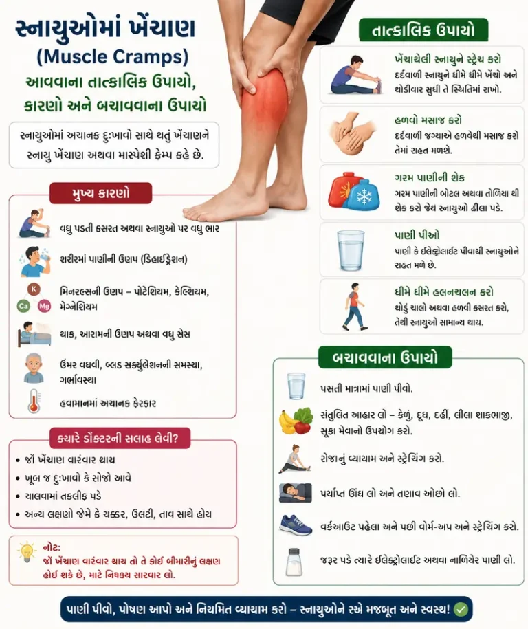 સ્નાયુઓમાં ખેંચાણ (Muscle Cramps) આવવાના તાત્કાલિક ઉપાયો કારણો અને