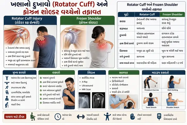 ખભાનો દુખાવો (Rotator Cuff) અને ફ્રોઝન શોલ્ડર વચ્ચેનો તફાવત કારણો, લક્ષણો, સારવાર અને બચાવ
