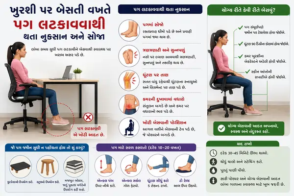 ખુરશી પર બેસતી વખતે પગ લટકાવવાથી થતા નુકસાન અને સોજા.