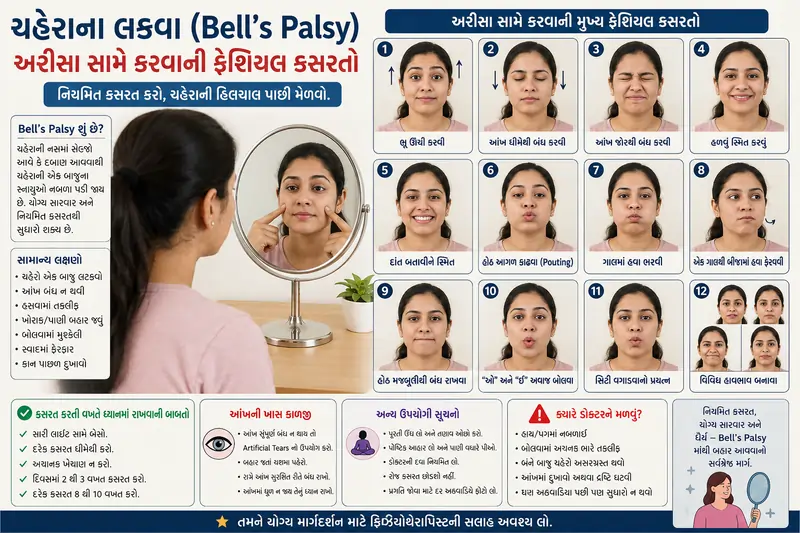 ચહેરાના લકવા (Bell's Palsy) માં અરીસા સામે કરવાની ફેશિયલ કસરતો.