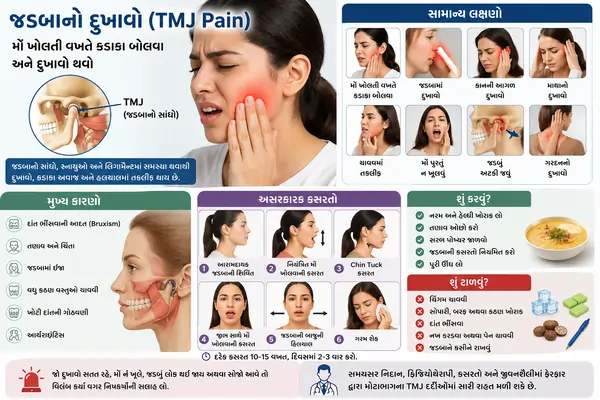 જડબાનો દુખાવો (TMJ Pain) મોં ખોલતી વખતે કડાકા બોલવા અને દુખાવો થવો.