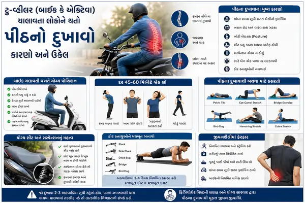 ટુ-વ્હીલર (બાઈક કે એક્ટિવા) ચલાવતા લોકોને થતો પીઠનો દુખાવો અને ઉકેલ.