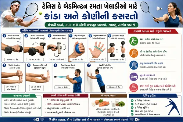 ટેનિસ કે બેડમિન્ટન રમતા ખેલાડીઓ માટે કાંડા અને કોણીની કસરતો.