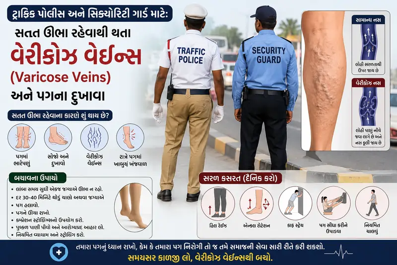 ટ્રાફિક પોલીસ અને સિક્યોરિટી ગાર્ડ માટે વેરીકોઝ વેઇન્સ સતત ઊભા રહેવાથી થતા પગના દુખાવાના કારણો, લક્ષણો અને ફિઝિયોથેરાપી ઉપચાર
