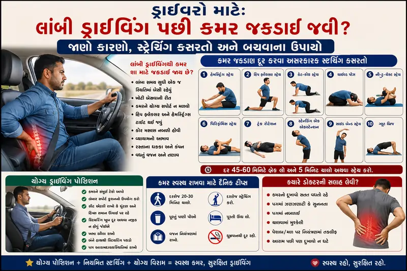 ડ્રાઇવરો માટે લાંબી ડ્રાઇવિંગ પછી કમર જકડાઈ જવી અને તેનાથી બચવાની સ્ટ્રેચિંગ કસરતો.