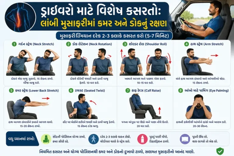 ડ્રાઈવરો માટે વિશેષ કસરતો લાંબી મુસાફરીમાં કમર અને ડોકનું રક્ષણ