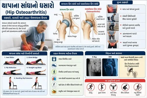 થાપાના સાંધાનો ઘસારો (Hip Osteoarthritis) લક્ષણો અને રાહત મેળવવાના ઉપાય.