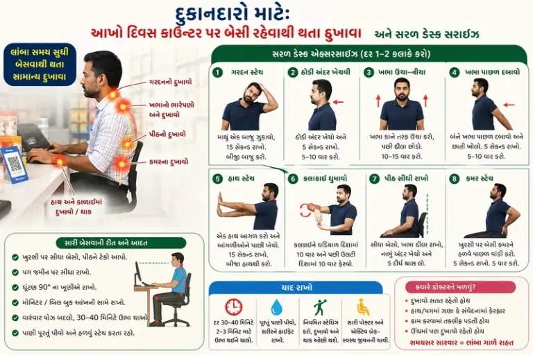 દુકાનદારો માટે આખો દિવસ કાઉન્ટર પર બેસી રહેવાથી થતા દુખાવા અને સરળ ડેસ્ક એક્સરસાઇઝ