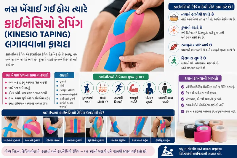 નસ ખેંચાઈ ગઈ હોય ત્યારે કાઈનેસિયો ટેપિંગ (Kinesio Taping) લગાવવાના ફાયદા.