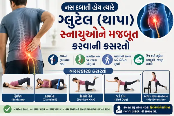 નસ દબાતી હોય ત્યારે ગ્લુટેલ (થાપા) સ્નાયુઓને મજબૂત કરવાની કસરતો