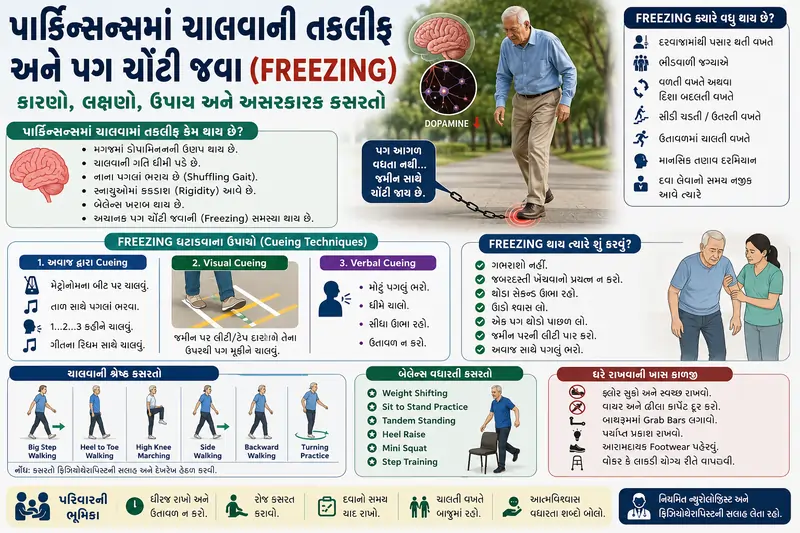 પાર્કિન્સન્સના દર્દીઓને ચાલવામાં પડતી તકલીફ અને પગ ચોંટી જવા (Freezing) ની સમસ્યા.