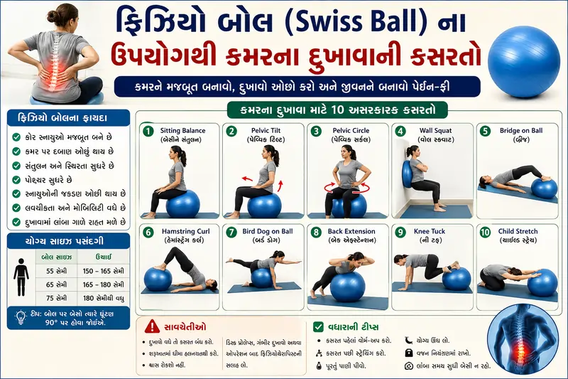 ફિઝિયો બોલ (Swiss Ball) ના ઉપયોગથી કમરના દુખાવાની કસરતો