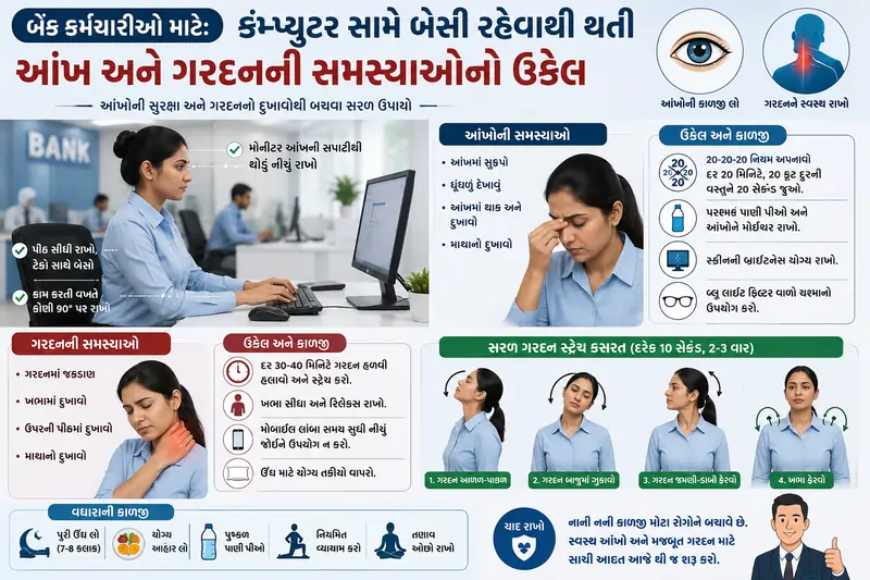 બેંક કર્મચારીઓ માટે કમ્પ્યુટર સામે બેસી રહેવાથી થતી આંખ અને ગરદનની સમસ્યાઓનો ઉકેલ.