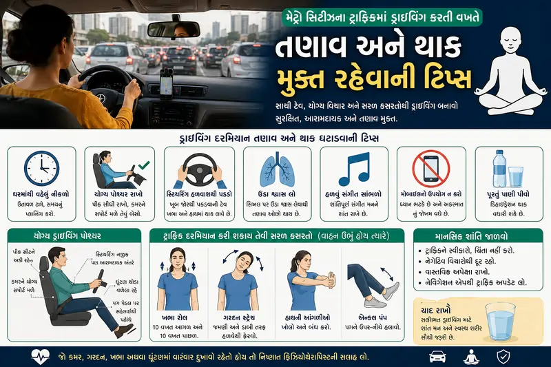 મેટ્રો સિટીઝના ટ્રાફિકમાં ડ્રાઇવિંગ કરતી વખતે તણાવ અને થાક મુક્ત રહેવાની ટિપ્સ.