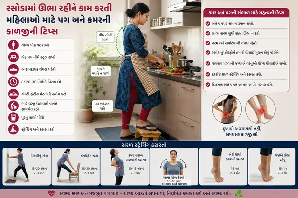 રસોડામાં ઊભા રહીને કામ કરતી મહિલાઓ માટે પગ અને કમરની કાળજીની ટિપ્સ.