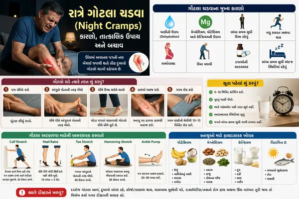 રાત્રે ગોટલા ચડવા (Night Cramps) ઊંઘમાં અચાનક પગની નસ ખેંચાઈ જવી અને તેનો તાત્કાલિક ઉપાય