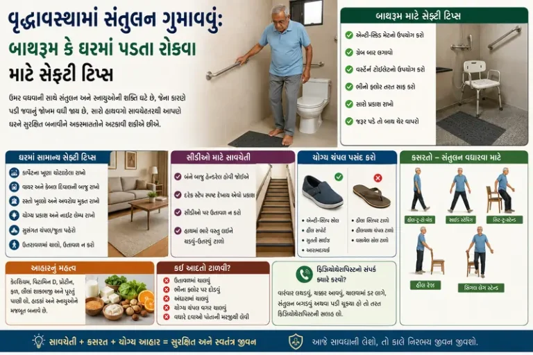 વૃદ્ધાવસ્થામાં સંતુલન ગુમાવવું બાથરૂમ કે ઘરમાં પડતા રોકવા માટે સેફ્ટી ટિપ્સ.