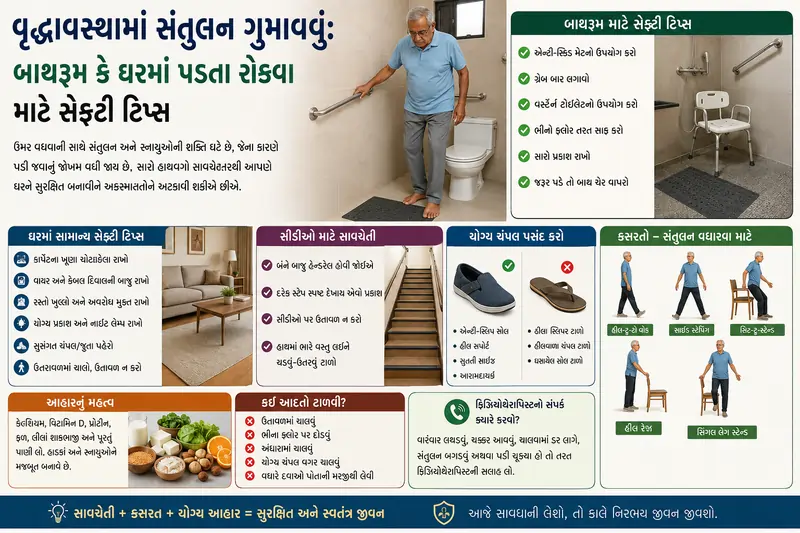 વૃદ્ધાવસ્થામાં સંતુલન ગુમાવવું બાથરૂમ કે ઘરમાં પડતા રોકવા માટે સેફ્ટી ટિપ્સ.