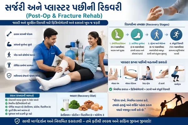 સર્જરી અને પ્લાસ્ટર પછીની રિકવરી (Post-Op & Fracture Rehab) ઝડપથી અને સુરક્ષિત રીતે સાજા થવા માટે સંપૂર્ણ માર્ગદર્શિકા