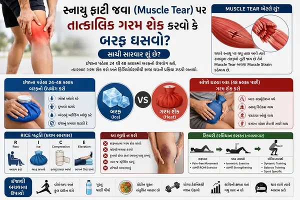 સ્નાયુ ફાટી જવા (Muscle Tear) પર તાત્કાલિક ગરમ શેક કરવો કે બરફ ઘસવો