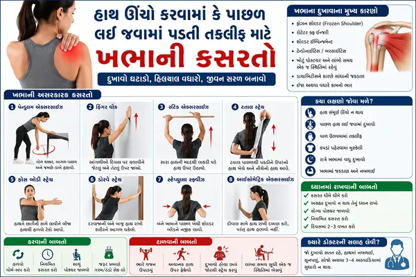 હાથ ઊંચો કરવામાં કે પાછળ લઈ જવામાં પડતી તકલીફ માટે ખભાની કસરતો.