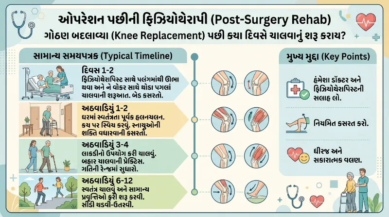 ગોઠણ બદલાવ્યા પછી કયા દિવસે ચાલવાનું શરૂ કરાય સંપૂર્ણ પોસ્ટ-સર્જરી ફિઝિયોથેરાપી માર્ગદર્શન