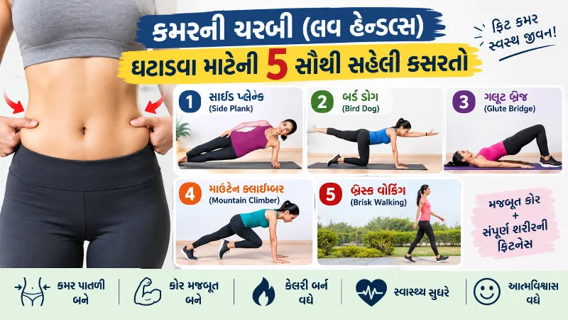 કમરની ચરબી (લવ હેન્ડલ્સ) ઘટાડવા માટેની 5 સૌથી સહેલી કસરતો