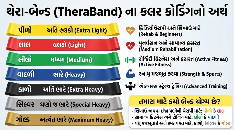 થેરા-બેન્ડ (Theraband) ના કલર કોડિંગનો અર્થ શું છે તમારા માટે કયો બેન્ડ યોગ્ય છે