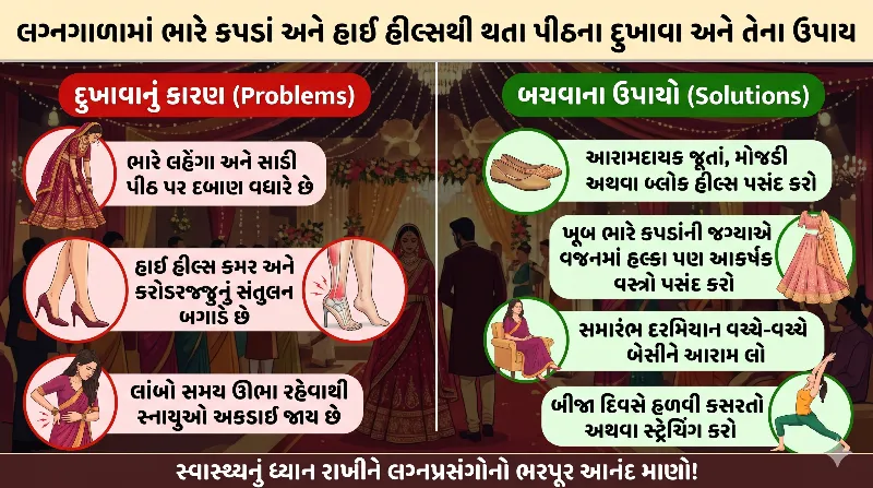 લગ્નગાળામાં ભારે કપડાં અને હાઈ હીલ્સ (High Heels) પહેરવાથી થતા પીઠના દુખાવા.